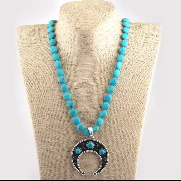 Turquoise Crescent Pendant Necklace – Boho Western Style (33.5 Inches) - Picture 3 of 10